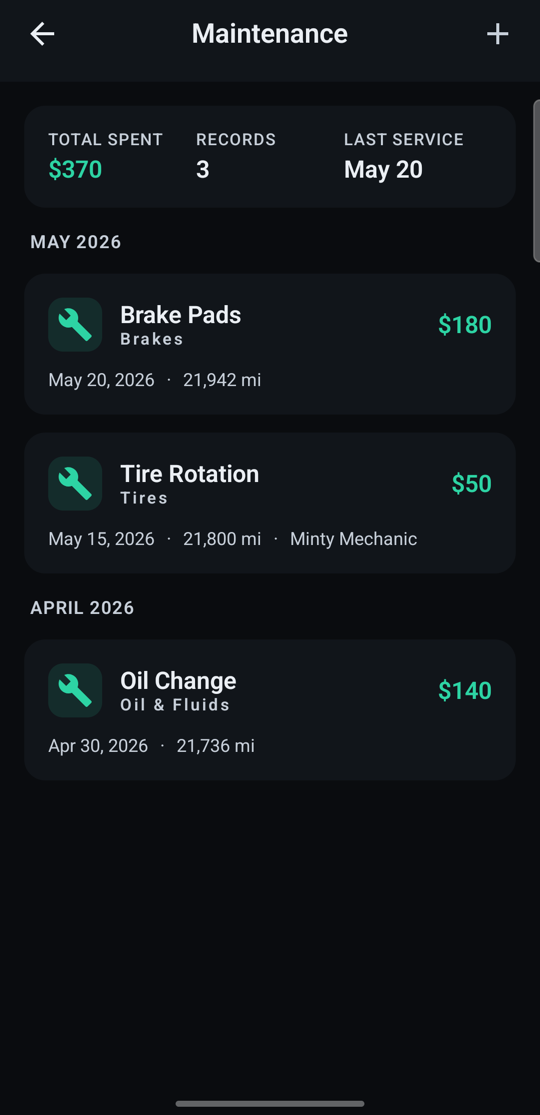 Maintenance history with service entries and costs
