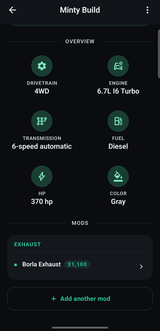 Factory specs and mods on a vehicle overview